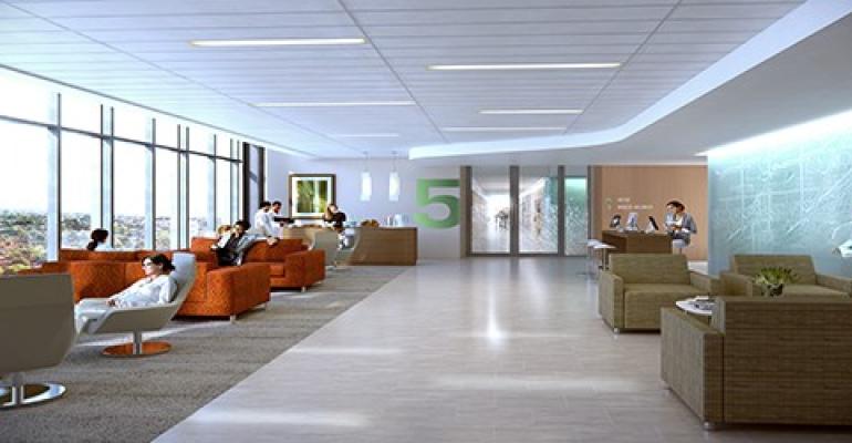 Waiting area of inpatient tower at Promedica, Toledo – allowing daylight, access to nature and social connectivity